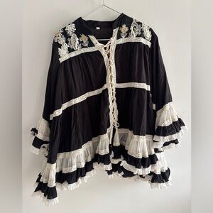 Black and White Lace Trimmed Flowy Blouse